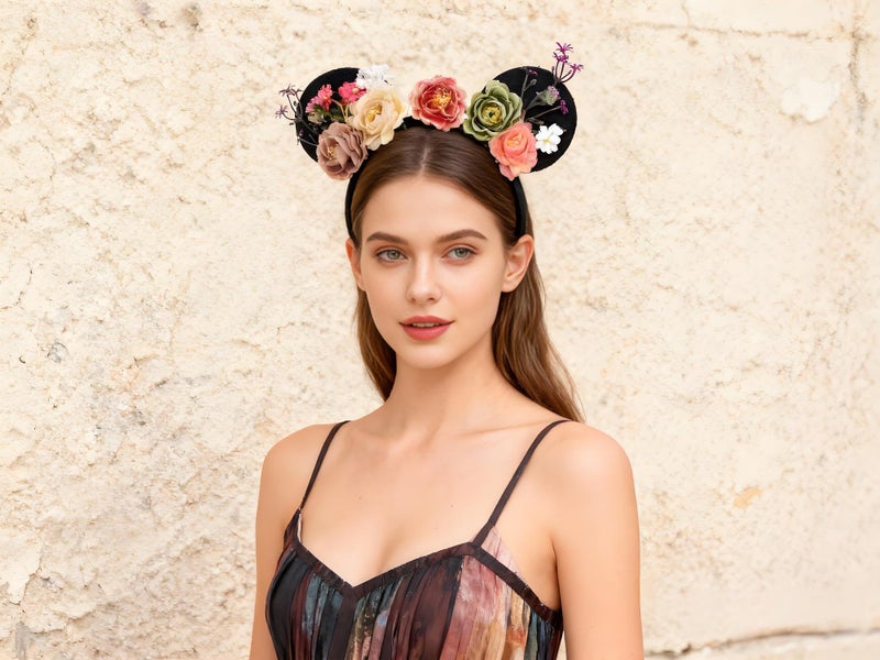 A Miaow Flower Headpiece Black Mouse Ears Headband MM Floral Hair Hoop Halloween Park Women Adults Costume Photo Shoot (Colourful Flowers) - Image 3